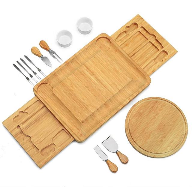 Smatto Cheese Board, Bamboo Charcuterie Board with Double Slide-Out Drawer, Cheese Serving Platter with 4 Knives and 2 Bowls for Housewarming Wedding Birthday Valentine's Day Gift. (Dual Drawer)