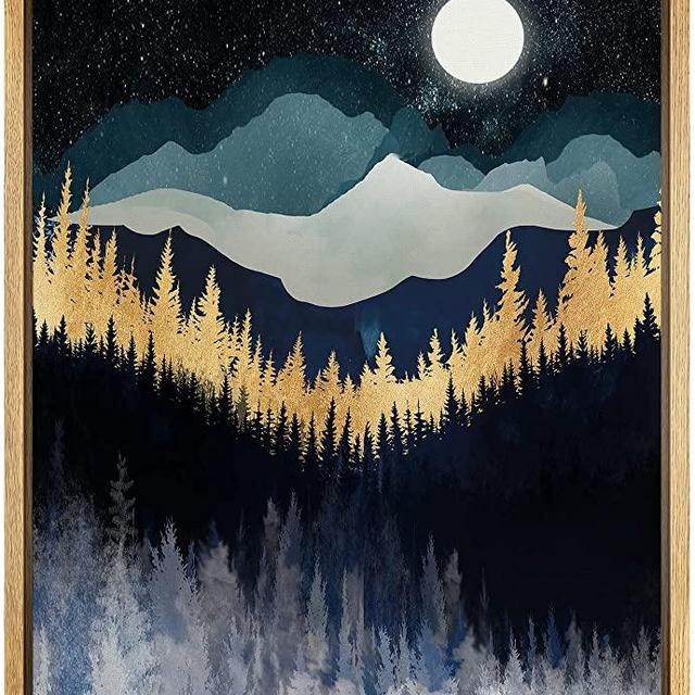 SIGNFORD Framed Canvas Print Wall Art Moonlight Sky Blue Gold Mountain Forest Nature Wilderness Illustrations Modern Art Decorative Scenic for Living Room, Bedroom, Office - 16"x24" Natural