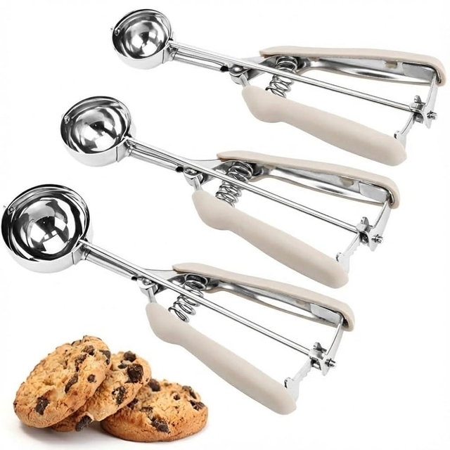 Cookie Scoop Set, 3Pcs Ice Cream Scoop, Cookie Scoops for Baking Set of 3, 18/8 Stainless Steel Cookie Scooper for Baking, Ice Cream Scooper with Trigger Release, Beige Soft Grip Cookie Dough Scoop