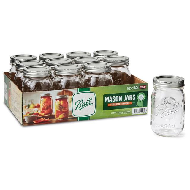 Ball, Glass Mason Jar with Lid & Band, Regular Mouth, 16 oz, 12 Count