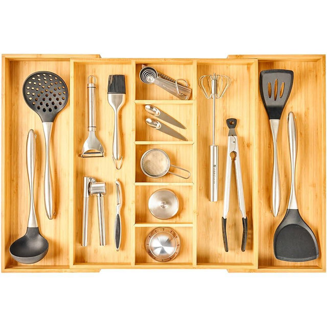 Umilife Extra Large Expandable Kitchen Drawer Organizer for Utensil and Junk, 19" Deep for Big Drawer, 17" to 28" Adjustable Bamboo Wood Drawer Divider, Cutlery Tray, Flatware Holder
