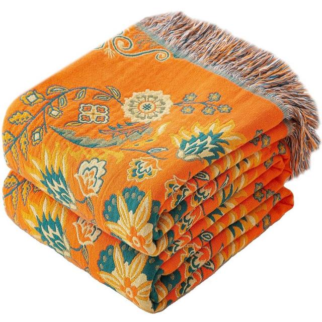 Phuryllic Boho Throw Blanket Twin Size, Soft Cozy Cotton Muslin Quilt Blanket for Bed Decor, Floral Patterned Couch Sofa Chair Cover, Vintage Farmhouse Cottage Tapestry Woven Blanket, Orange&Green