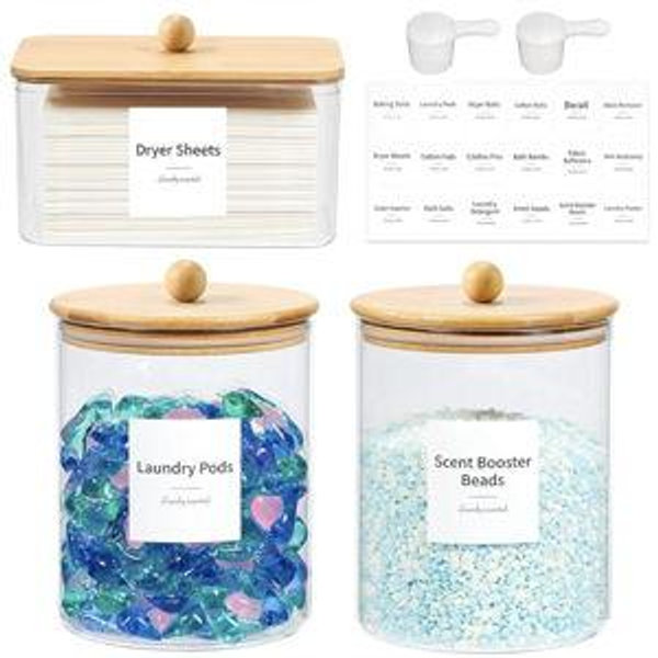 Glass Laundry Pods Container & Acrylic Dryer Sheet Holder with Bamboo Knobs Lids, Scoops & Labels | Premium Laundry Room Organization and Storage for Detergent Pods, Powder, Dryer Balls & Beads