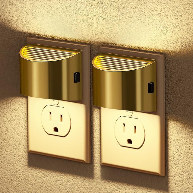 JandCase LED Night Lights Plug into Wall, 2 Pack Gold Modern Night Lights, Dusk to Dawn Sensor Nightlight,0-100LM Brightness Adjustable, 3000K Soft White