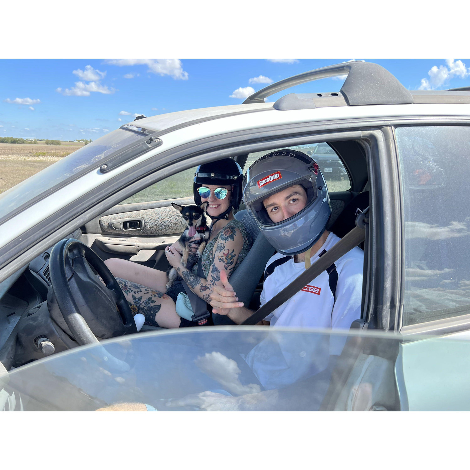 Rally racing with Junie, our adventure chihuahua.