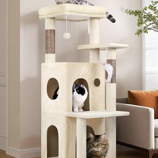 Globlazer Cat Tree Tower for Indoor Cats, 50-inch Adult Cat Tree House for Large Adult Cats with Steps, Scratching Post, 2 Cat Caves, Dangling Toys, FC50, Beige
