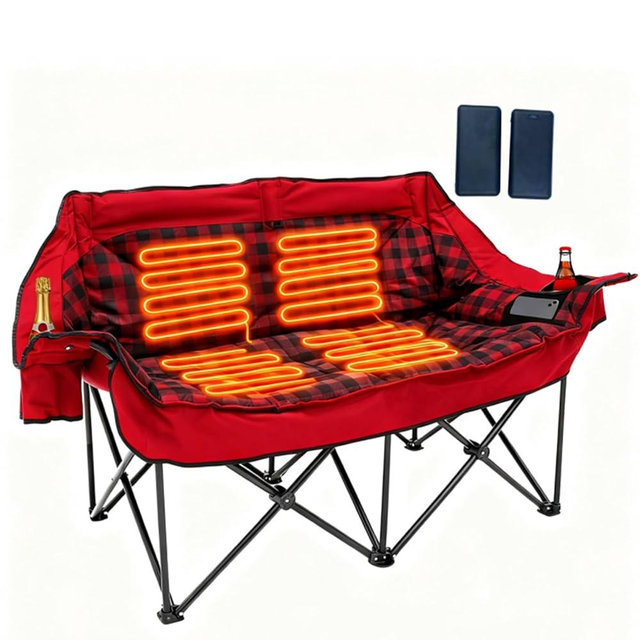 Heated Double Camping Chair with 2 Battery, Padded Camping Couch with 3 Heat Levels and 4 Heating Zones, Oversized Camp Loveseat Support 800lbs for Soccer Games, Tailgating, RV Travel, Beach Days