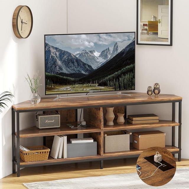 MUTUN Corner TV Stand with Power Outlet, Corner Entertainment Center for 32 43 50 55 60 Inch TV, Industrial Media Console Table for Living Room Bedroom, 55 Inch, Rustic Brown