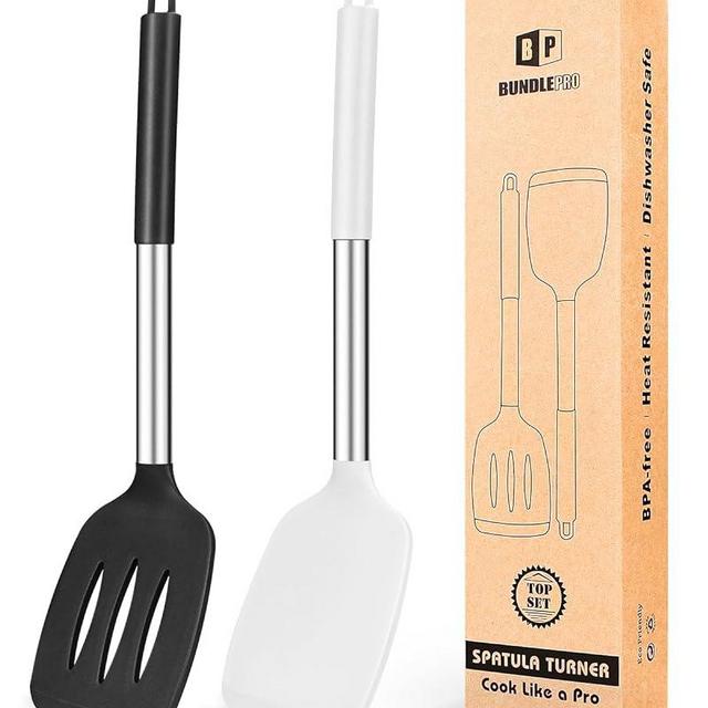 Pack of 2 Silicone Solid Turner,Non Stick Slotted Kitchen Spatulas,High Heat Resistant BPA Free Cooking Utensils,Ideal Cookware for Fish,Eggs,Pancakes (Black+White)