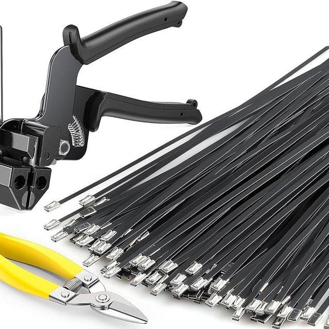 Metal Zip Ties Black,With Special Fastening And Cutting Tools,150 Pcs 11.8 Inch,Multi-Purpose Stainless Steel Cable Ties, Suitable For Agricultural Fencing, Garden Chain Link Fence Fixing, Pipe Tying.