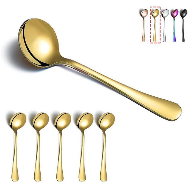 Gold Soup Spoons, Kyraton 6 Pieces Stainless Steel Round Spoons With Gold Titanium Plating, Gold Dinner Spoon Table Spoon, Spoons Silverware Dishwasher Safe Set of 6