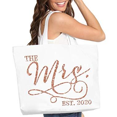 Giant Cotton Canvas Bride Tote - Rose Gold The Mrs. EST. 2020 Modern Bridal White Tote Bag - Bridal Shower or Bachelorette Gift - White Tote(Mod 2020RGG) WHT