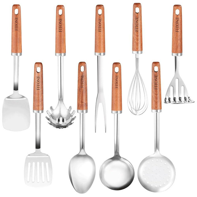 9PCS Cooking Utensils Set, 18/10 Stainless Steel Kitchen Utensils with Wooden Hanlde, Metal Cooking Utensils Set, Spatula, Ladle, Skimmer, Spaghetti Spoon, Potato Masher, Easy To Clean