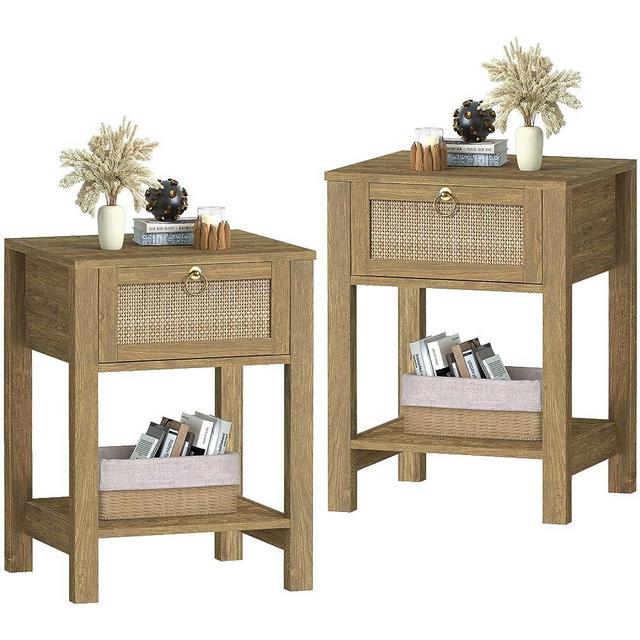 SICOTAS Nightstand Set of 2 - Rattan Decor Drawer with Brass Knobs Night Stand Wood Bedside Table Boho End Tables Side Tables with Storage Shelf