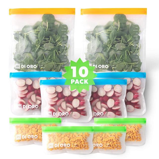 New DI ORO Reusable Snack Bags - 100% Food Safe BPA Free Freezer Safe Bags - 2 Gallon, 4 Sandwich, and 4 Small Bags - Thick, Leakproof, and Washable - Easy Ziplock Reusable Sealing System (10 Pc Set)