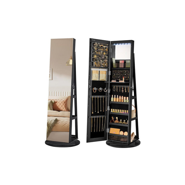 360 Swivel Mirror Jewelry Cabinet Standing 6 LEDs Jewelry Armoire Box Organizer with Full Length Mirror Black