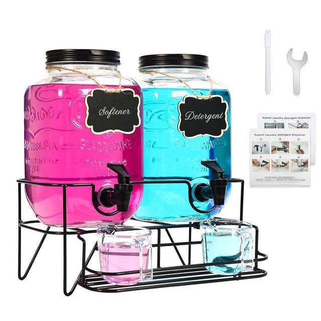 Roetell 2 Sets 1 Gallon Laundry Detergent Dispenser with Stand, Measuring Cup, Glass Laundry Detergent Containr for Laundry Room Organization