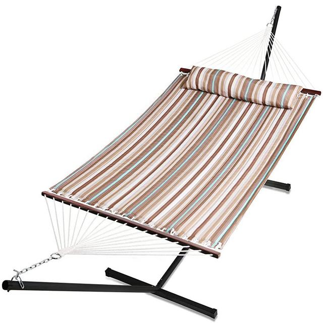 HENG FENG Double Hammock with Stand Included Outdoor Hammocks with Hardwood Spreader Bar,Max 475lbs Capacity，Havana Brown