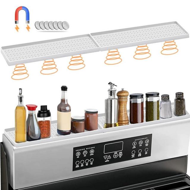 BFONS 30 Inch Silicone Magnetic Stove Top Shelf, Kitchen Over Stove Spice Rack Shelf Apartment Home Must Haves Kitchen Gadgets for Above Stovetop Seasoning Organization Storage (White)