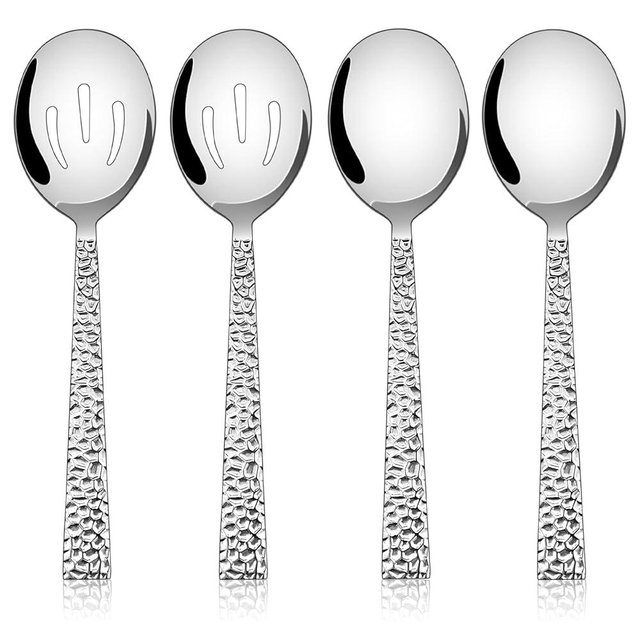 Hammered Serving Spoons, E-far 4-Piece Stainless Steel Serving Utensils Set - Solid Spoons x 2, Slotted Spoons x 2, Metal Hostess Serving Tablespoons for Catering Buffet Party Kitchen Restaurant