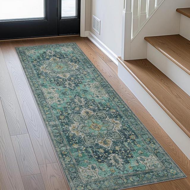 GENIMO 2x5 Runner Rugs for Hallway, Machine Washable Non Slip Vintage Retro Rugs, Low Pile Lightweight Soft Print Rug for enrtyway, Corridor, Home Office, Kitchen, Dark Green