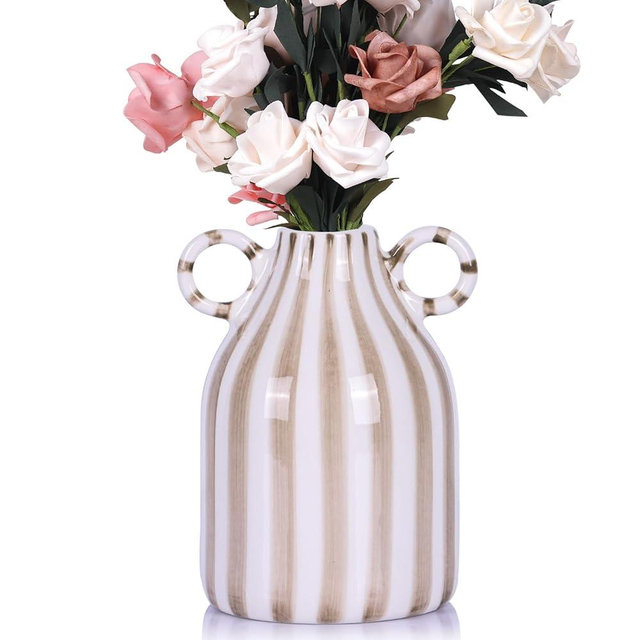 oliruim Ceramic Brown and White Striped Vase, Hand-Painted Modern Minimalist Bohemian Decor, Central Dining Table, Kitchen Tabletop, Bookshelf, Bedroom Aesthetic Decoration (Brown White)