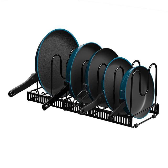 Lunale Expandable Pot Organizer Rack, Black Pans and Pots Lid Organizer Rack Holder with 10 Adjustable Compartments, Llength Adjustable and Max Extended to 23 Inches 10+ Pans Holder for Kitchen
