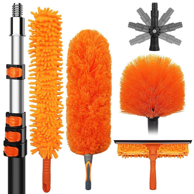 DALTACK 28 Foot High Dusters Kit for Cleaning with 5-20 Foot Heavy Duty Extension Pole, Extendable Reusable Cobweb, Feather, Ceiling Fan Cleaner Duster, Window Squeegee Kit
