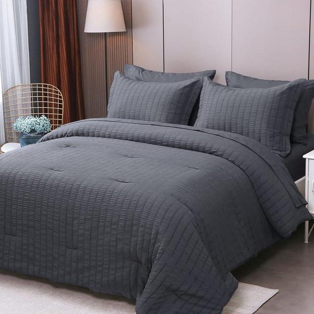 HYMOKEGE California King Comforter Set Seersucker 7 Pieces, All Season Luxury Bed in a Bag for Bedroom, Bedding Set with Comforters, Sheets, Pillowcases & Shams, Dark Grey