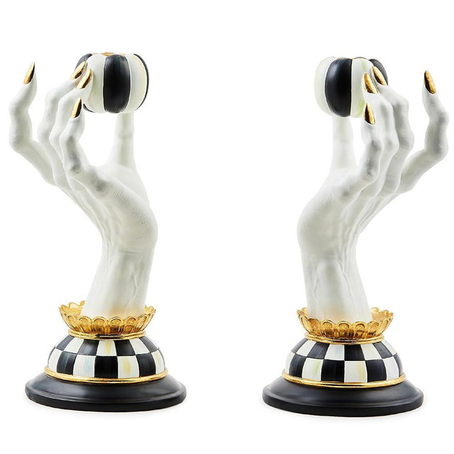 MACKENZIE-CHILDS Haunted House Spooky Hand Candle Holders, Black-and-White Halloween Centerpiece Table and Room Decor, Holds 2 Dinner Candles, Set of 2