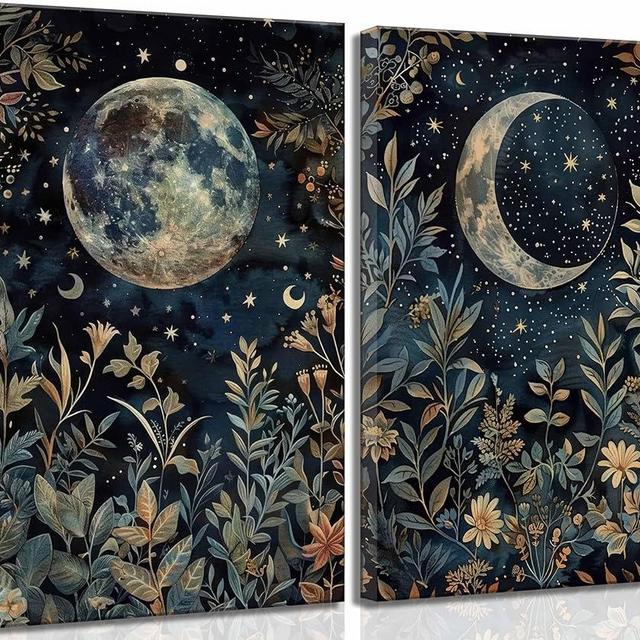 2 Pcs Vintage Celestial Canvas Wall Art Sun and Moon Celestial Botanical Eclipse Botanical Aesthetic Dark Academia Pictures Wall Decor Poster Print Artwork For Living Room Bedroom Home Decoration
