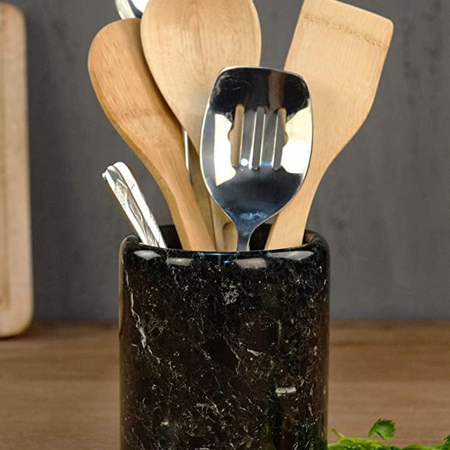 Utensil Holder Spoon Caddy Countertop Black Handmade Marble kitchen Utensils set organizer - 5.5x6.5 Inch flatware chopstick Canister Utinsle Holders – Non Bamboo - Home Accessories (BZ-03)