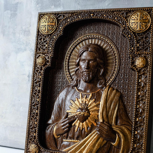 Sacred Heart of Jesus Wood Carving: Engraved Catholic Icon, Religious Gift