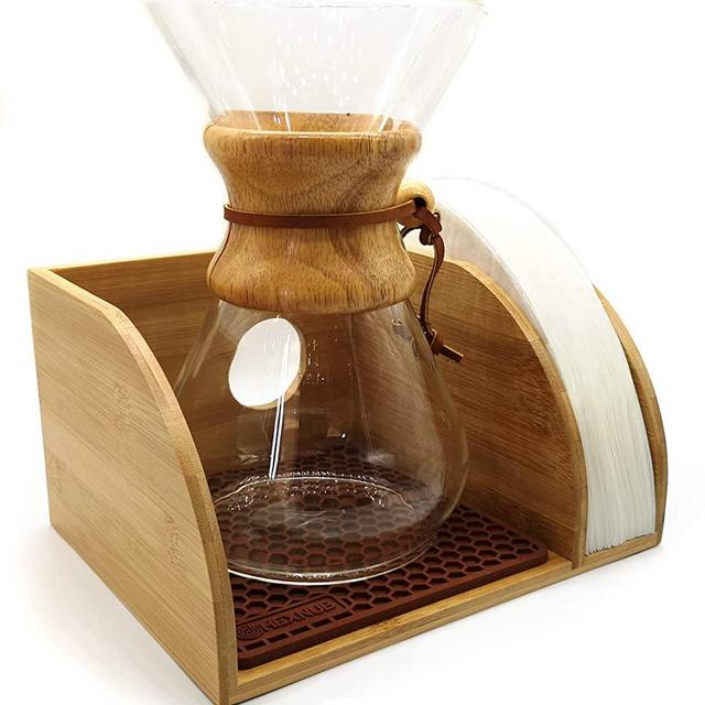 Hexnub Coffee Organizer Stand for Chemex, Bodum and Coffee Gator Filtered Coffee Makers Premium Bamboo Caddy Station Holds Pour Over Coffee Maker and Filters with Brown Mat (Coffee Stand)
