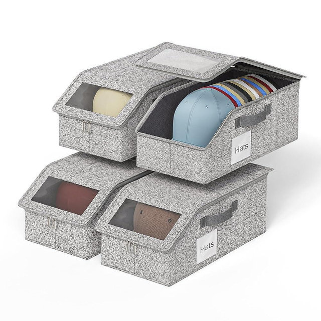 WYZJC 4 PCS Hat Organizer for Baseball Caps, Multi Functional Storage Box (Accommodates 48 Hats) with Visible Window and Zipper - Gray