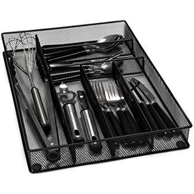 Flatware Drawer Organizer - Slip Resistant Kitchen Tray with 6 Sections to Neatly Arrange Cutlery and Serving Utensils. Also Great to Keep Your Desk Drawer and Office Supplies Well Organized (Black)