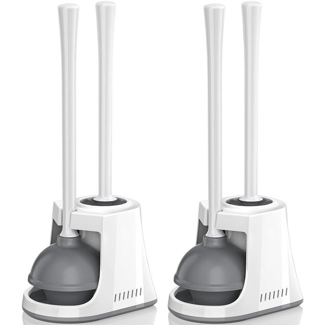 LOVLOY Toilet Plunger and Brush, Bowl Brush and Heavy Duty Toilet Plunger Set with Ventilated Holder, 2-in-1 Toilet Brush and Plunger Combo for Bathroom Cleaning (2, White)