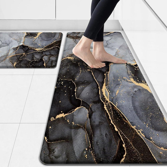 GulongYa Anti Fatigue Kitchen Mat Cushioned 2 Pieces Black Kitchen Rugs Non Slip Waterproof Kitchen Floor Mats Gold Kitchen Accessories Comfort Memory Foam Kitchen Mats for Floor Laundry Room