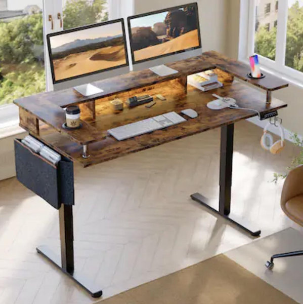 Bestier - 58" wide Electric Standing Desk Adjustable with LED Light Storage and Monitor Stand - Brown