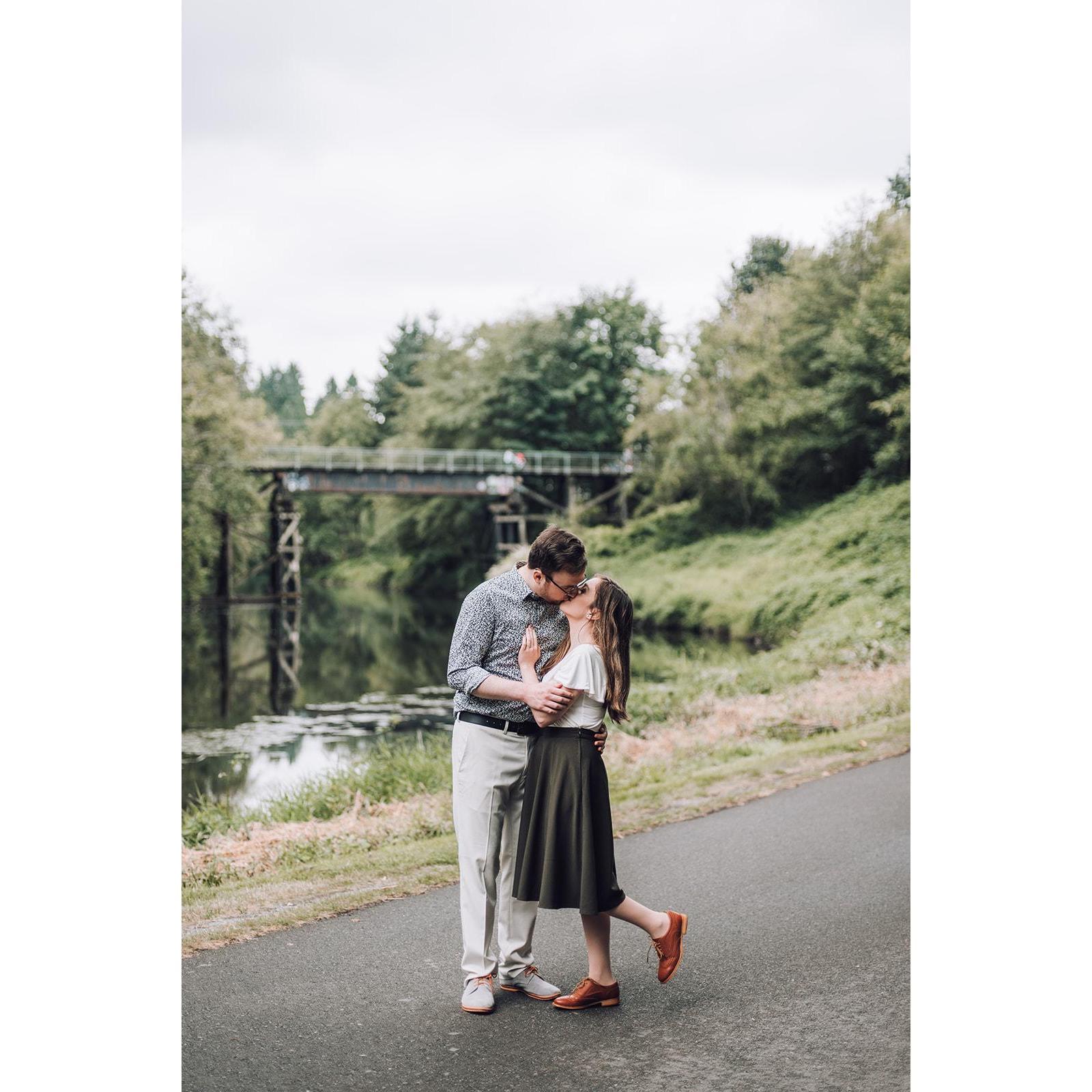 We took our engagement photos in Bothell, near Bothell Landing, the river trail, and Blythe Park. We used to walk our dog Hoss here.