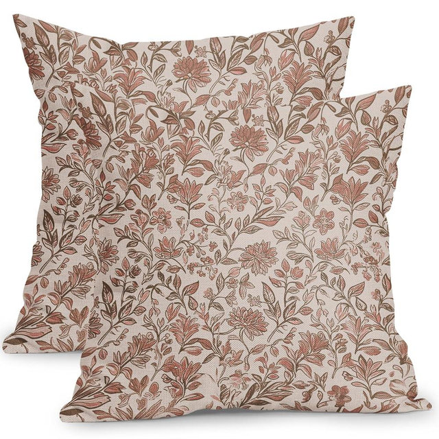 Ancordivo Vintage Floral Pillow Covers 18x18 Inch Set of 2 Antique Flower Block Print Pillowcases Coral Neutral Traditional Square Cushion Case Decoration for Couch Home Decor