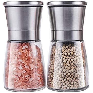 Salt and Pepper Grinder Set, Trofoty Stainless Steel Adjustable Ceramic Sea Salt Grinder & Pepper Mill Set, Glass Salt and Pepper Shakers Pepper Mill Salt Mill (Set of 2)