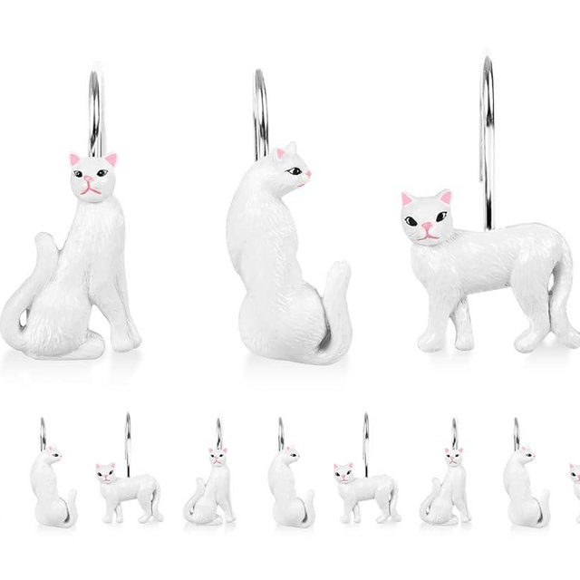 Ruvenis White Cat Shower Curtain Hooks Set of 12, Hand-Painted Resin Cat Shower Hooks with Rust-Resistant Stainless Steel Rings, Elegant Cat Bathroom Decor