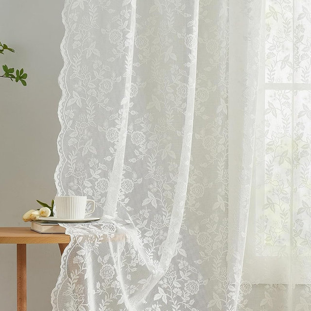 FINECITY Vintage Lace Curtains 72 Inch Length - Rustic Floral Branch Leaf Lace Window Curtains for Living Room, Privacy Scalloped Trim Cream Sheer Lace Curtains, 52 x 72 Inch, 2 Panels, Ivory/Cream