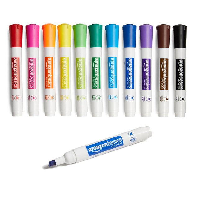 Amazon Basics Low-Odor Chisel Tip Dry Erase Whiteboard Marker, Pack of 12, Assorted Colors