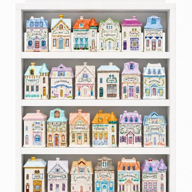 1989s Vintage Spice Village Wooden Rack - Village Spice House Wall-Mounted Display Shelf for 24 Jars | Charming Holiday Village Kitchen Decor for Collectors and Porcelain Enthusiasts (White, Inspired)