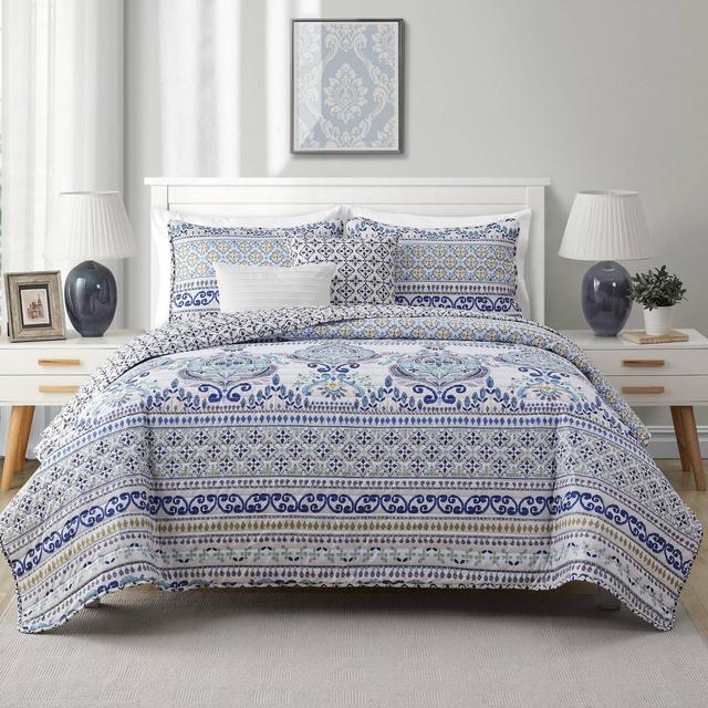 5pc Full/Queen Malik Reversible Medallion Quilt Set Off White/Blue - VCNY