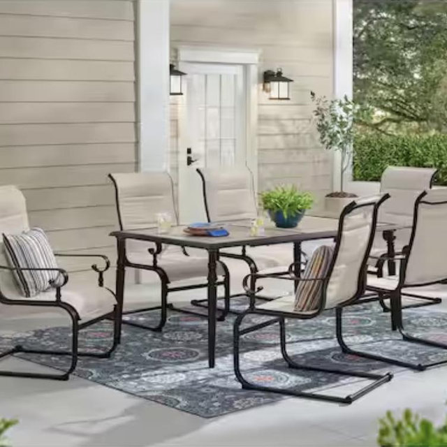 Hampton Bay Glenridge Falls 7-Piece Metal Padded Sling Rectangular Outdoor Dining Set in Putty Beige FRS80433DR-ST