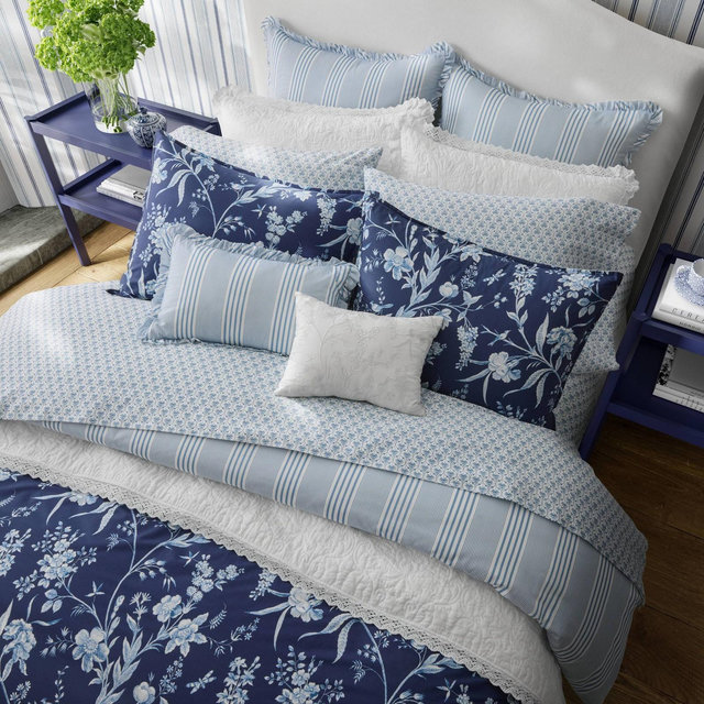 Laura Ashley 7pc King Branch Toile 100% Cotton Duvet Cover Bonus Set Blue