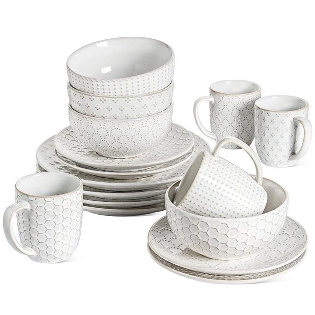 LE TAUCI Dinnerware Sets 16 Piece, Stoneware Plates and Bowls With Mugs Set, Housewarming Gift, Serve for 4 (10" Dinner Plates + 8" Salad Dish + 26 oz Cereal Bowl+12 oz Coffee Mug) x 4, Arctic White